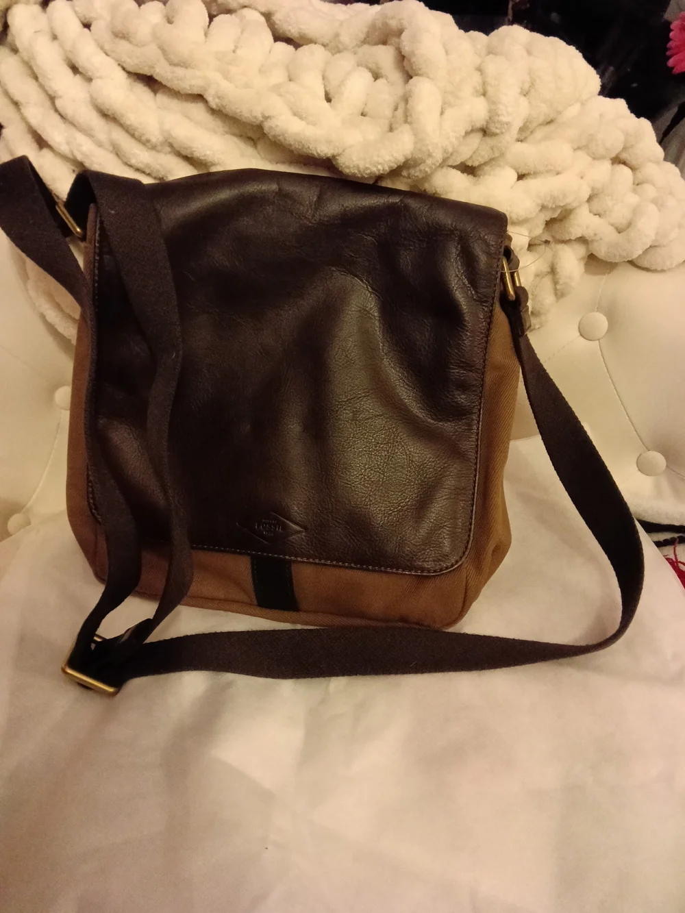 #F11 Fossil Men's Two-Tone Brown Leather Canvas Messenger Bag - Unisex